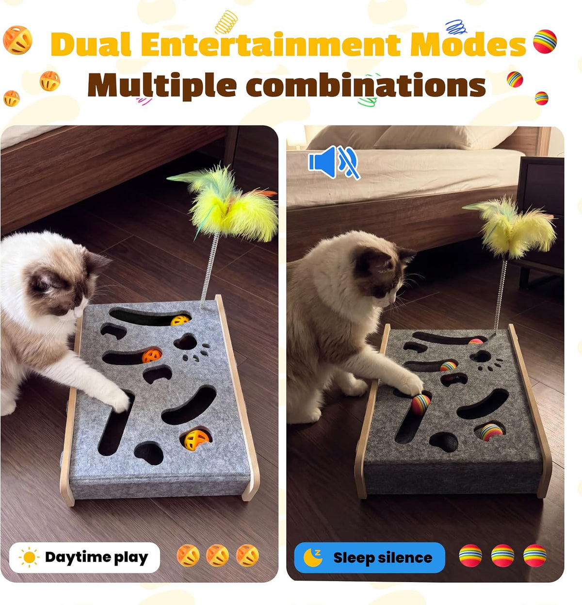 5-in-1 cat nail file scratcher Enrichment Box - interactive cat toys for indoor cats, Large felt cat puzzle feeder with replaceable sandpaper, Includes 6 balls ,4 spring toys,and feather toy(grey)