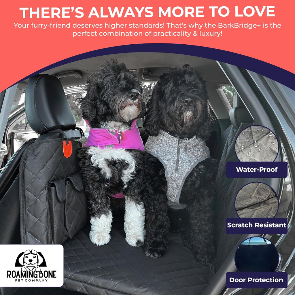 BarkBridge+ Backseat Extender for Dogs - Hard-Bottom Waterproof Back Seat Bridge for Cars, Trucks & SUVs - Dog Hammock with Storage Pockets - Dog Rear Car Seat Cover with Door Covers