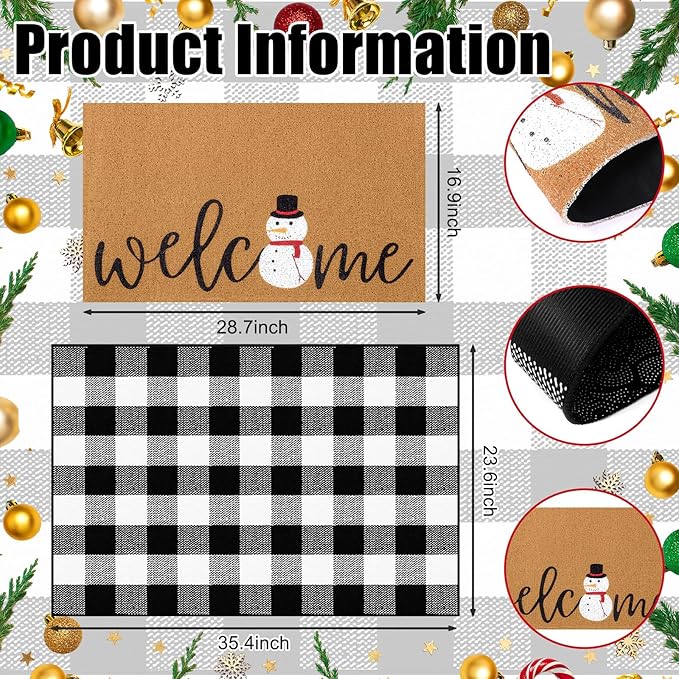 Tinideya 2 Pcs Winter Door Mat Snowman Welcome Non Slip Coir Mats Snow Black - Image 2