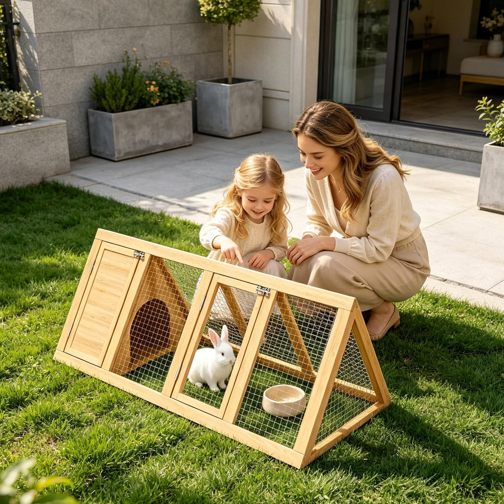 A-Frame Rabbit Hutch with Run, Wooden Bunny Cage Outdoor, 2-Door Weatherproof Small Animal House for Rabbits, Guinea Pigs, Quail & Chickens