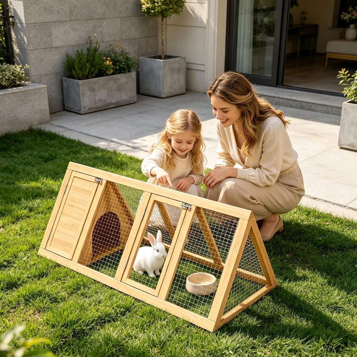 A-Frame Rabbit Hutch with Run, Wooden Bunny Cage Outdoor, 2-Door Weatherproof Small Animal House for Rabbits, Guinea Pigs, Quail & Chickens