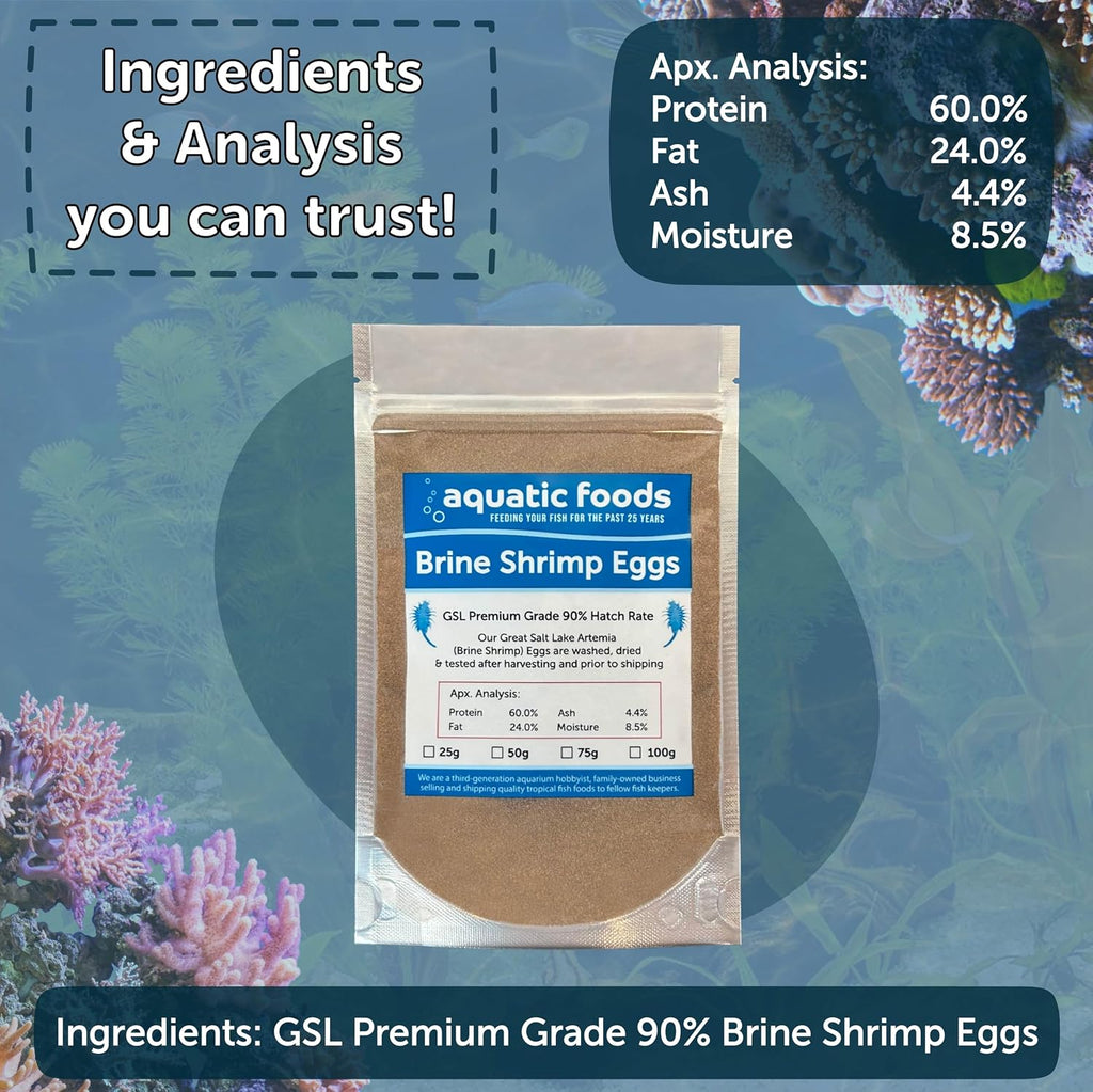 Brine Shrimp Eggs Premium Grade 90% Hatch Rate, Great Salt Lake Artemia Brine Shrimp Eggs. - 25 Grams - .88oz