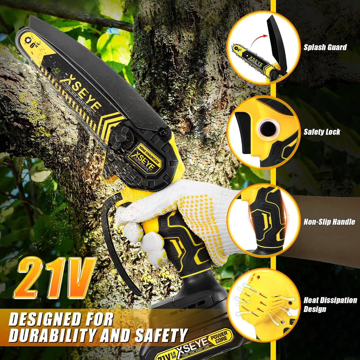 XSEYE 6-Inch Mini Chainsaw Cordless, Handheld Electric Saw with 2 Batteries