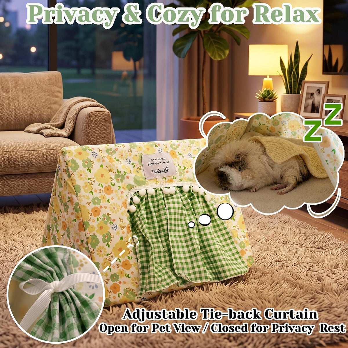 Jenvd Guinea Pig Hideout Medium with Curtain, Machine Washable Bunny Hide