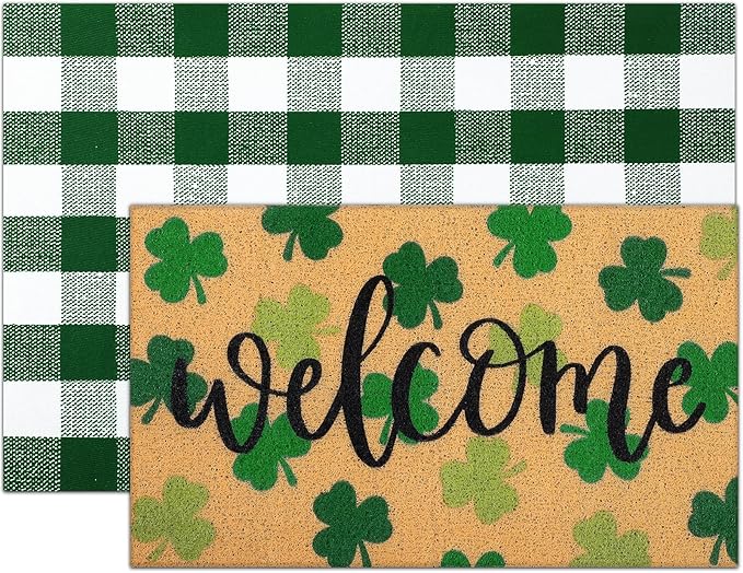 Tinideya 2 Pcs St. Patrick Day Door Mat Welcome Non Slip Coir Mats Clover - Image 6