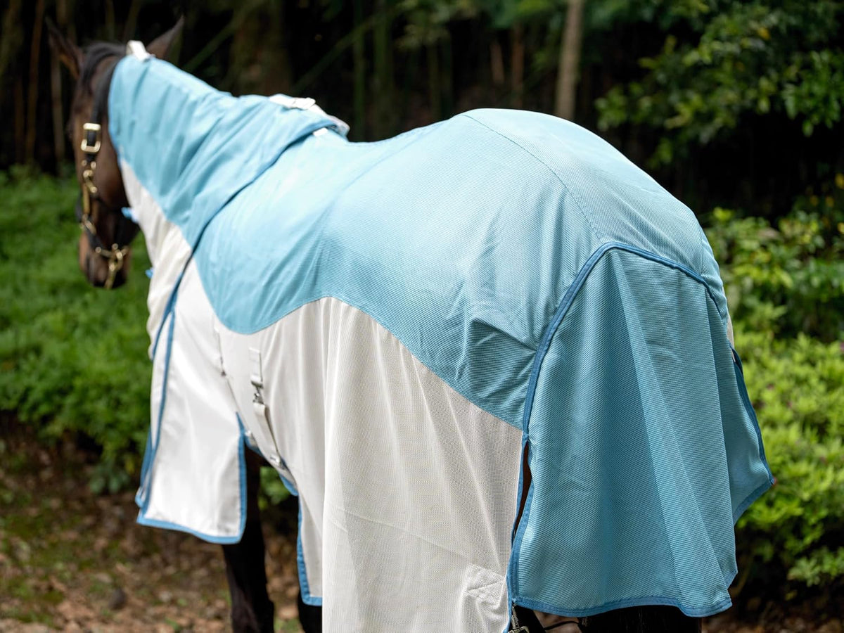 Mesh Horse Fly Sheet with Detachable Neck Cover | Dual-Zone UV Protection & Breathable Design | Elastic Webbing Belly Wrap & Leg Straps | Blue, 75 Inch