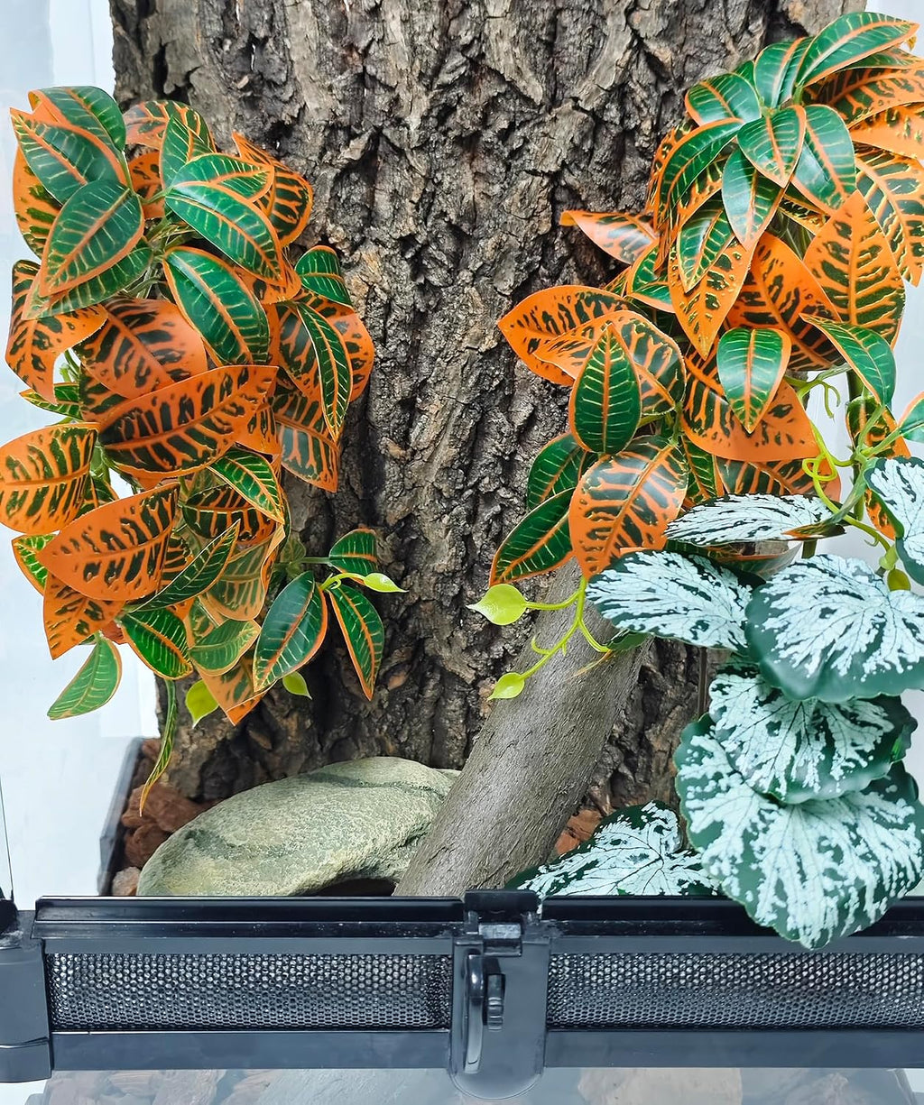 Woyrise 2 Pack Reptile Plants, Terrarium Hanging Plant Vines, Artificial Leaves with Suction Cup, Bearded Dragon Tank Accessories for Gecko Lizard Snake Frog Tortoise Decorations - Codiaeum Variegatum