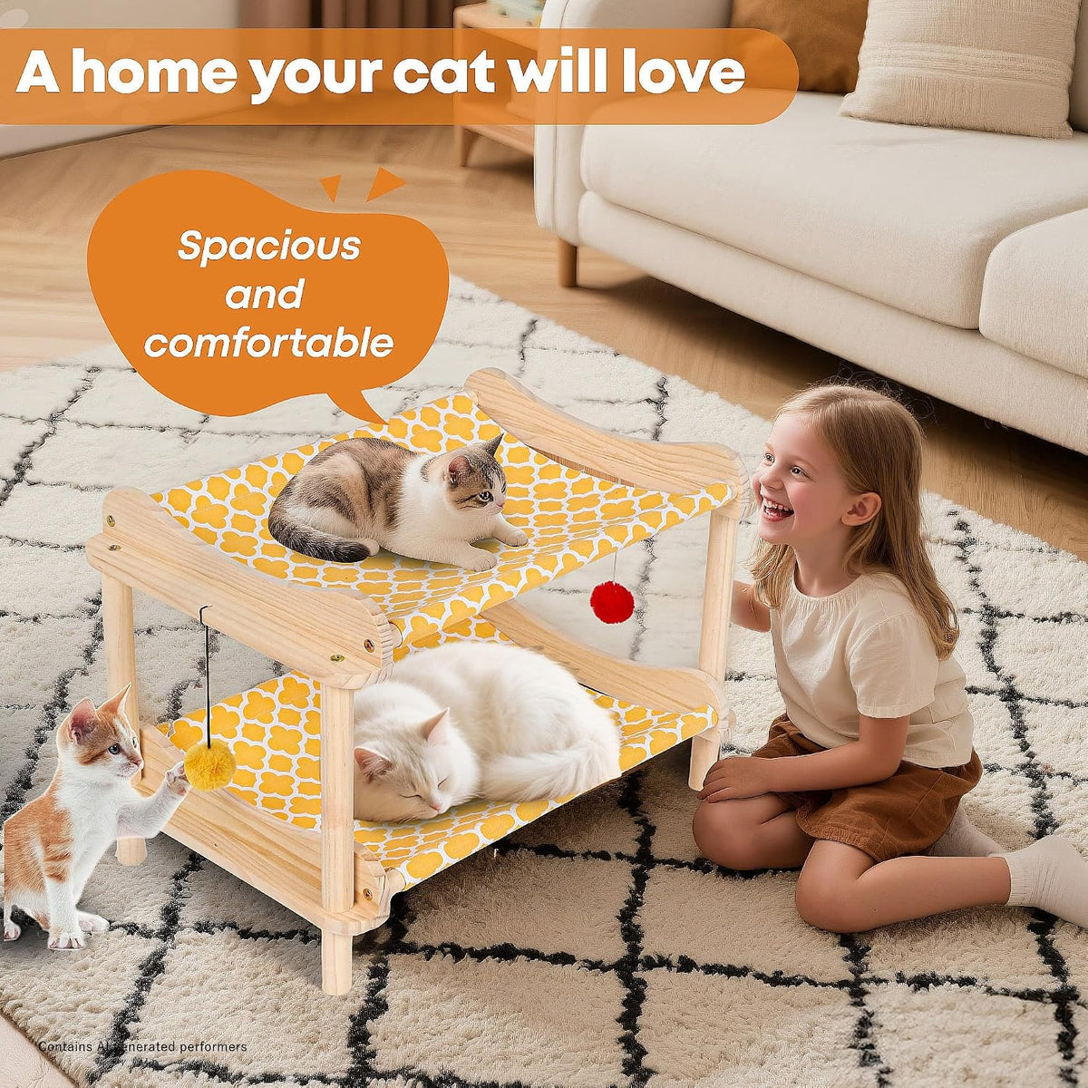 2-Layer Cat Hammock Bed, 24"x15.7"x16.3" Elevated Cat Bed with Pine Wood Frame, Breathable Washable Covers, Wooden Pet Furniture for Indoor Cats and Small Animals(Orange-2)