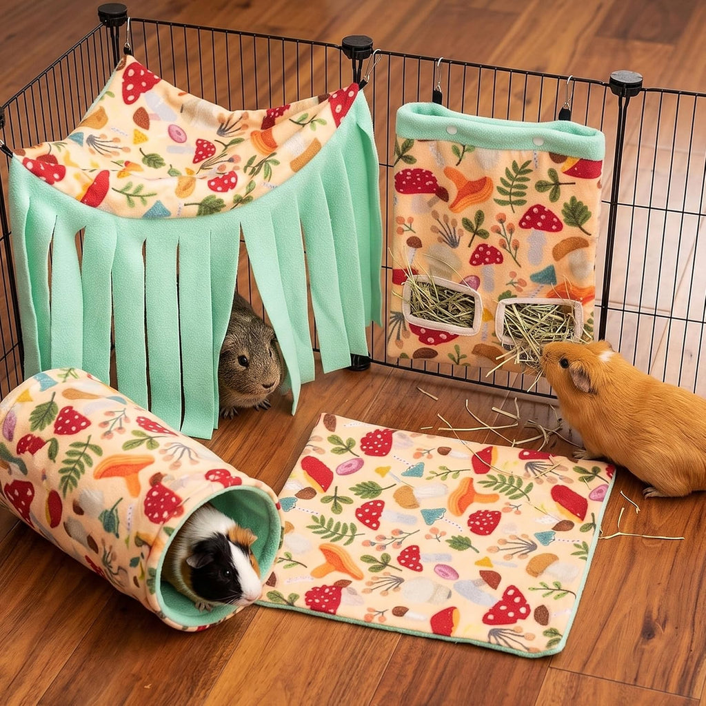 Guinea Pig Hideout Set (4-Pack), Tunnel, Corner Hide, Hay Bag & Mat