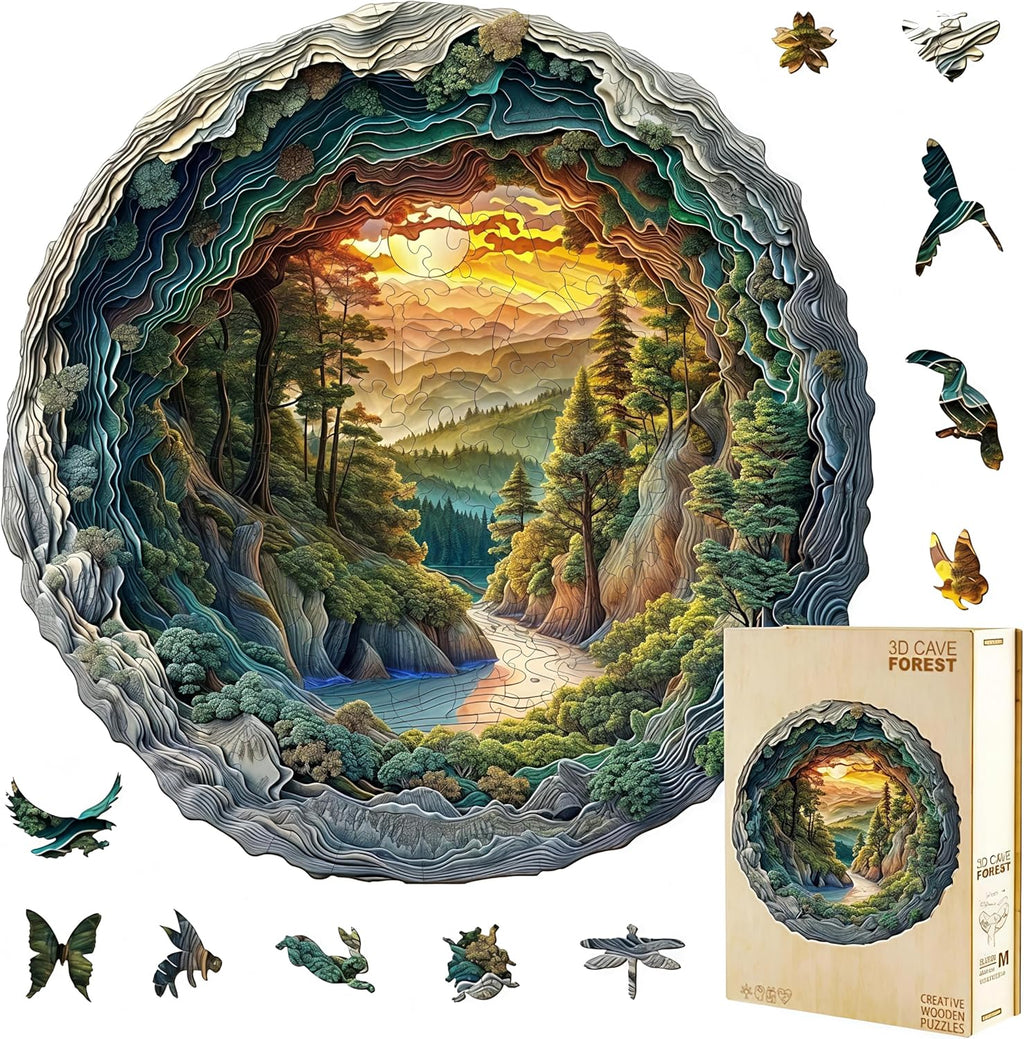 300 Pieces Wooden Puzzles, 3D Cave Forest Puzzle, Unique Animal Shaped Wood Challenging Jigsaw Puzzles Ideal for Adults, Premium Wood Gift Box 13.4x13.3in