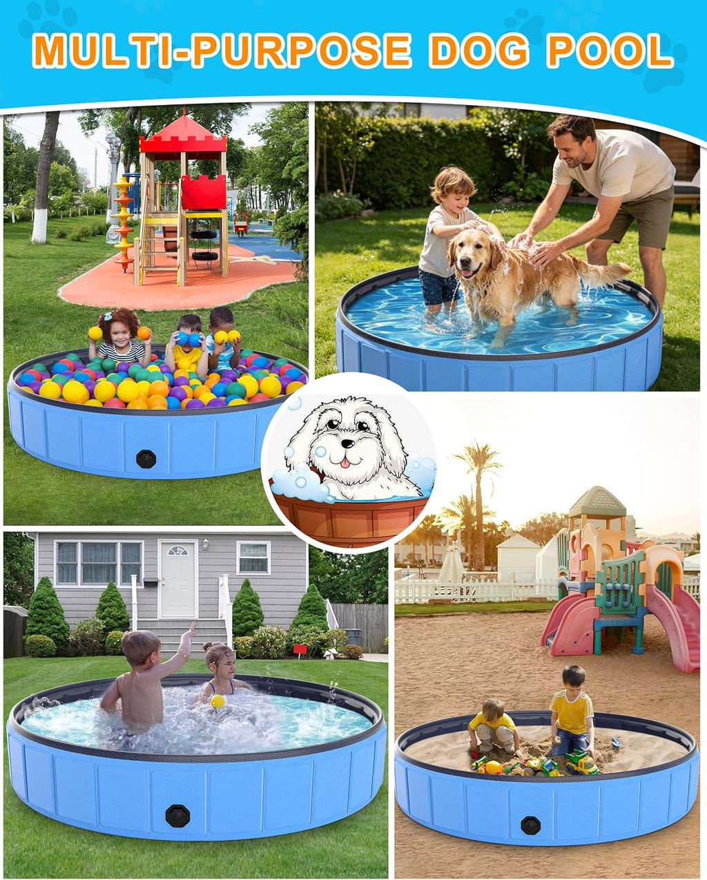 Instraella 79"x16" Dog Pool for Large Dogs, Heavy Duty Hard-Side Foldable Pet Pool, Non-Slip Collapsible Dog Bathing Tub with Drain, Portable Kiddie & Dog Swimming Pool for Outdoor & Indoor Use