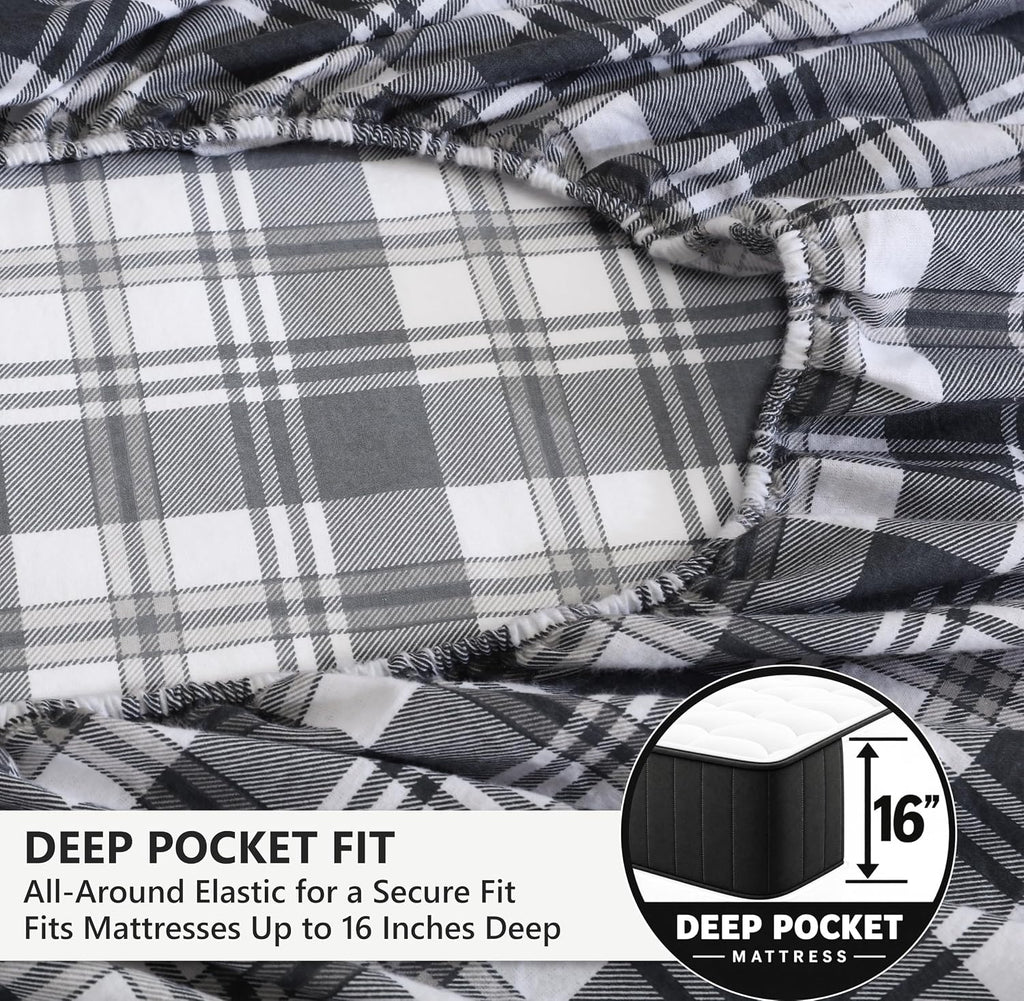 ZOYER 100% Cotton Flannel Sheets Queen Size 4 Pcs Set, Carbon Grey Plaid