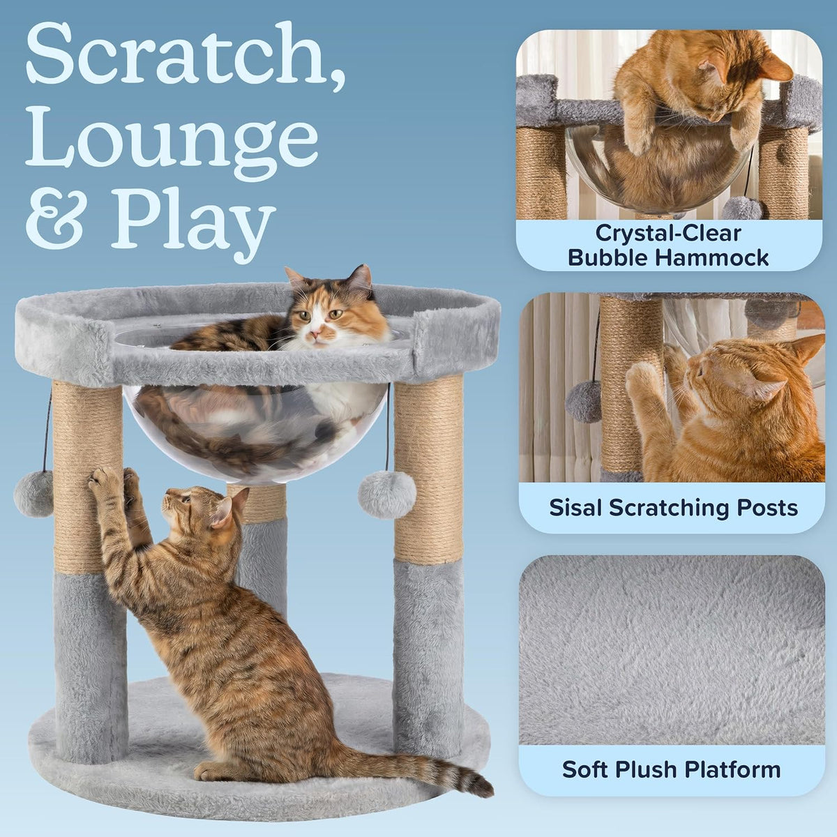 PETMAKER Cat Hammock Cat Tree with Scratching Post, Gray, 19” x 17”