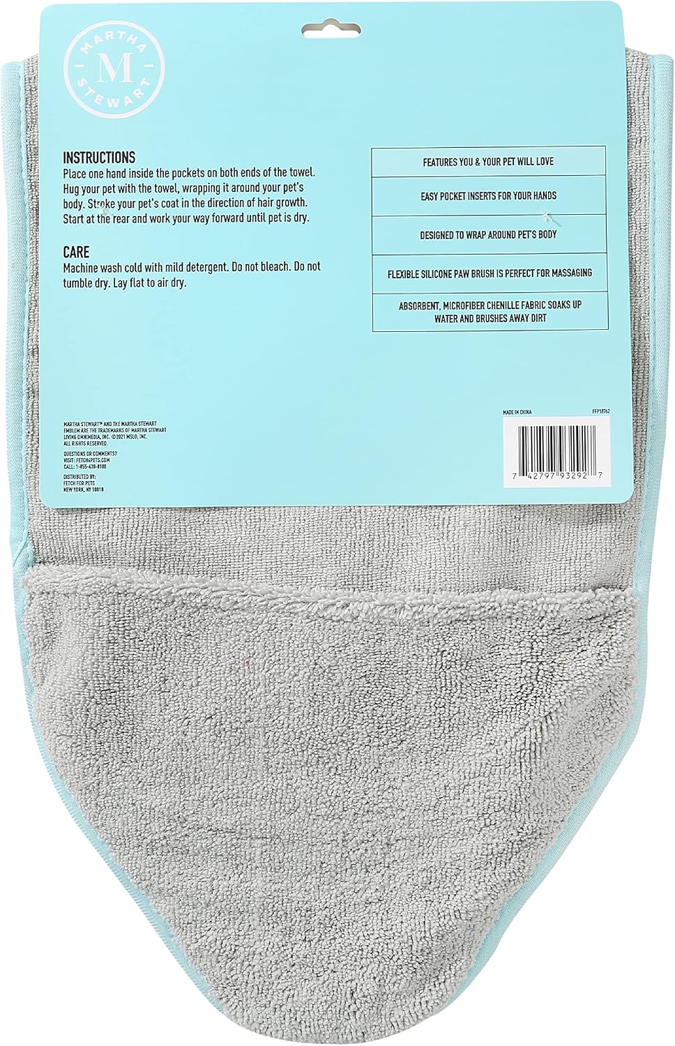 Martha Stewart - Multi-Functional Shammy Drying Towel w/TPR paw | Elegant Dog Grooming Tool for Drying & Massaging| Absorbent Microfiber Dog Grooming Drying Cloth for Pets with Hand Pockets