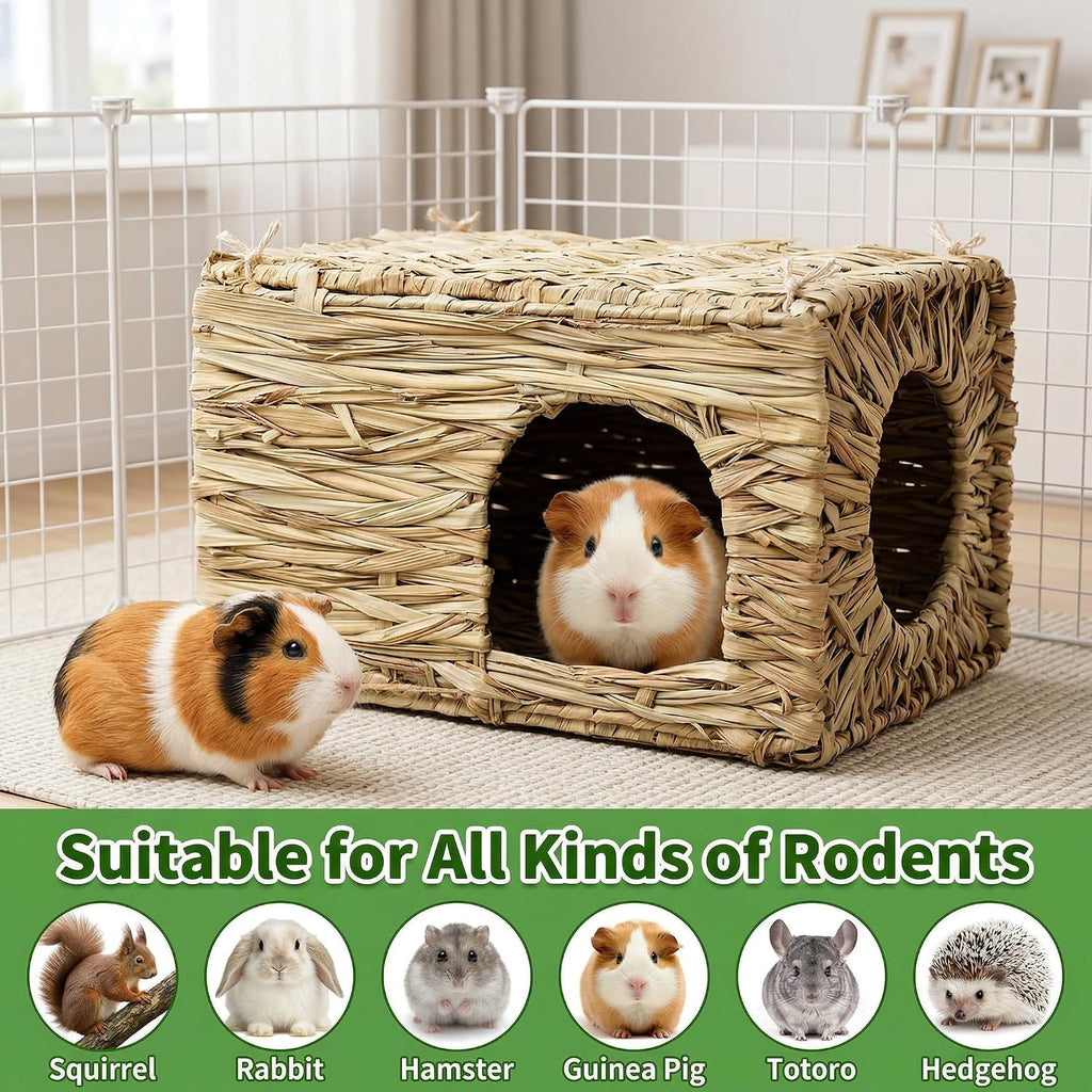 WUWEOT 2 Pack Large Grass Bunny House, Foldable Rabbit Hut, Play Hideaway Bed Hay Mat Chew Toy for Rabbit, Guinea Pigs, Gerbils, Hamster and Small Animals, 11"x8"x8"