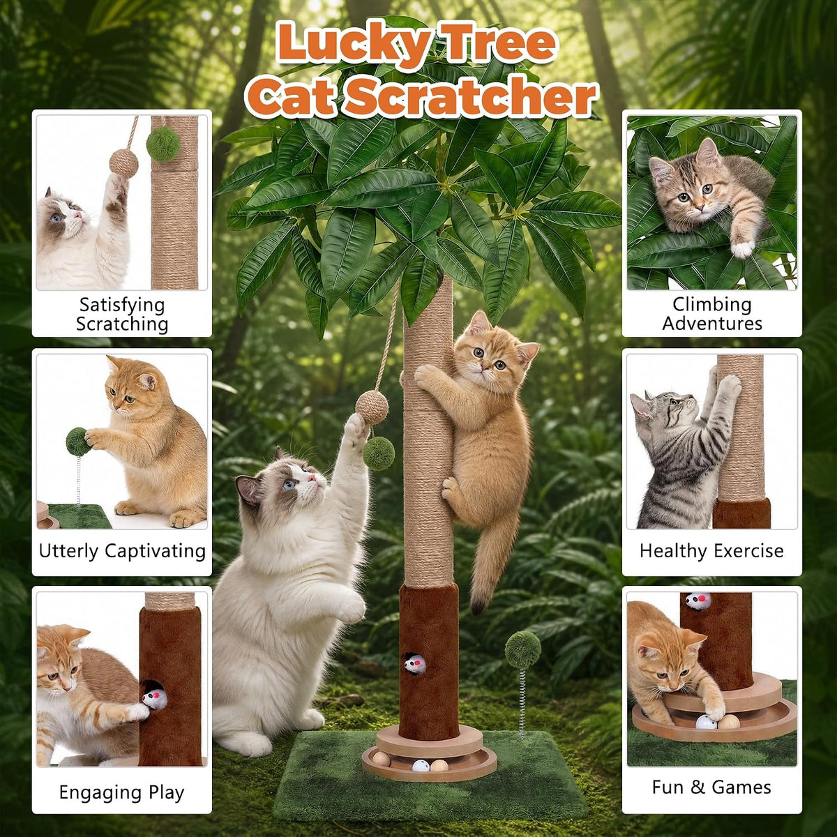 Fantasreen 35" Cat Scratching Post with Track Ball & Toys, Lucky Cat Scratcher, Green