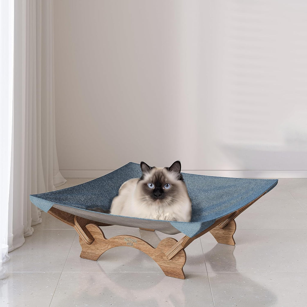 Large Cat Bed Hammock Cradle Cats Accessories 22 X 22 Inch Elevated Pet Bed for Window Perch for Large Cats or Kitty Easy Assembly Cat Furniture Gift (Classic Blue & Walnut Wood)