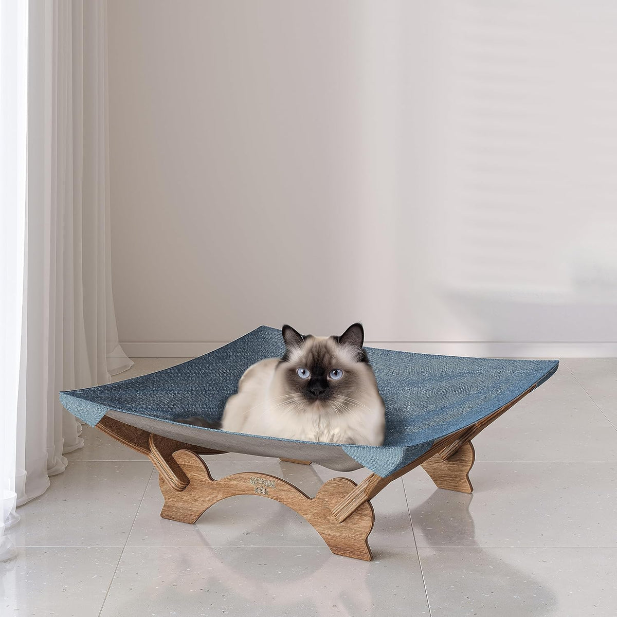 Large Cat Bed Hammock Cradle Cats Accessories 22 X 22 Inch Elevated Pet Bed for Window Perch for Large Cats or Kitty Easy Assembly Cat Furniture Gift (Classic Blue & Walnut Wood)