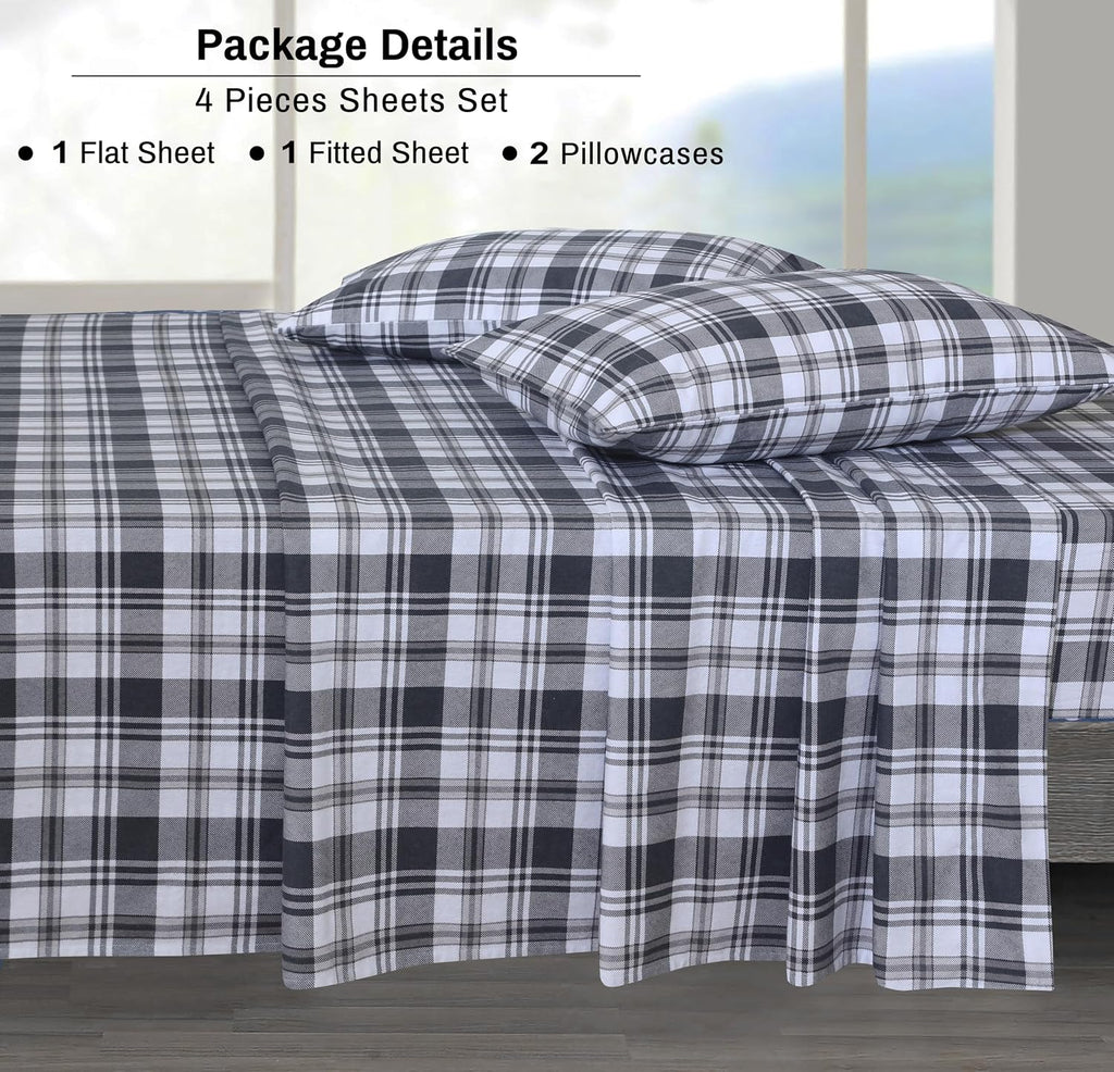 ZOYER 100% Cotton Flannel Sheets Queen Size 4 Pcs Set, Carbon Grey Plaid