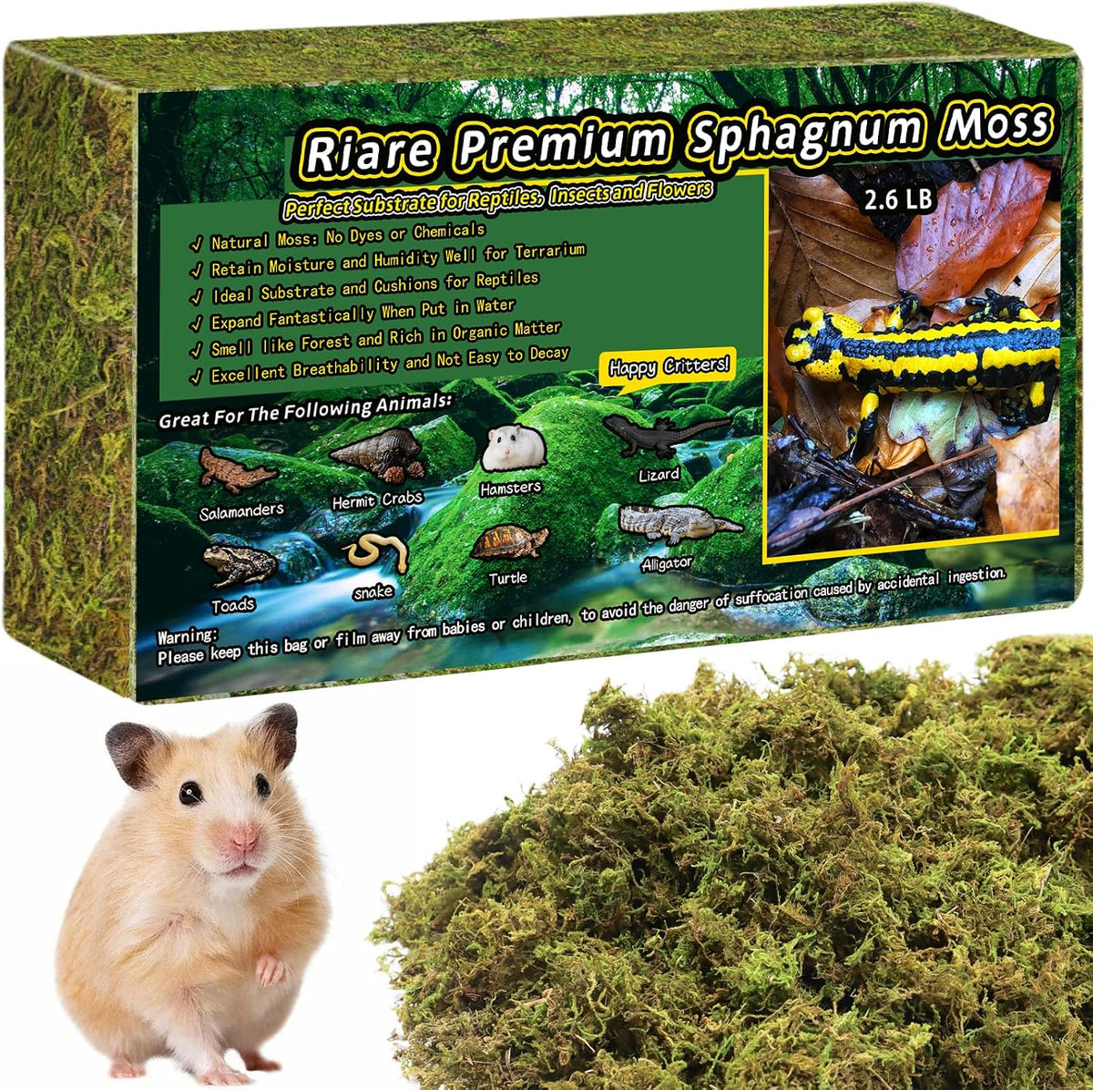 Riare 2.6LB Natural Sphagnum Moss for Reptiles, Terrarium Substrate Bedding