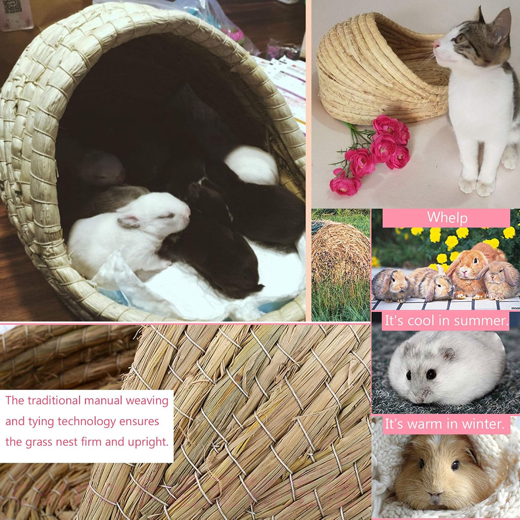 Bunny Grass Bed, Rabbit Woven Hay Bed, Small Pets Natural Handcrafted Grass House with Hay Chew Balls for Chinchillas Guinea Pigs Hedgehog Rat 3PCS