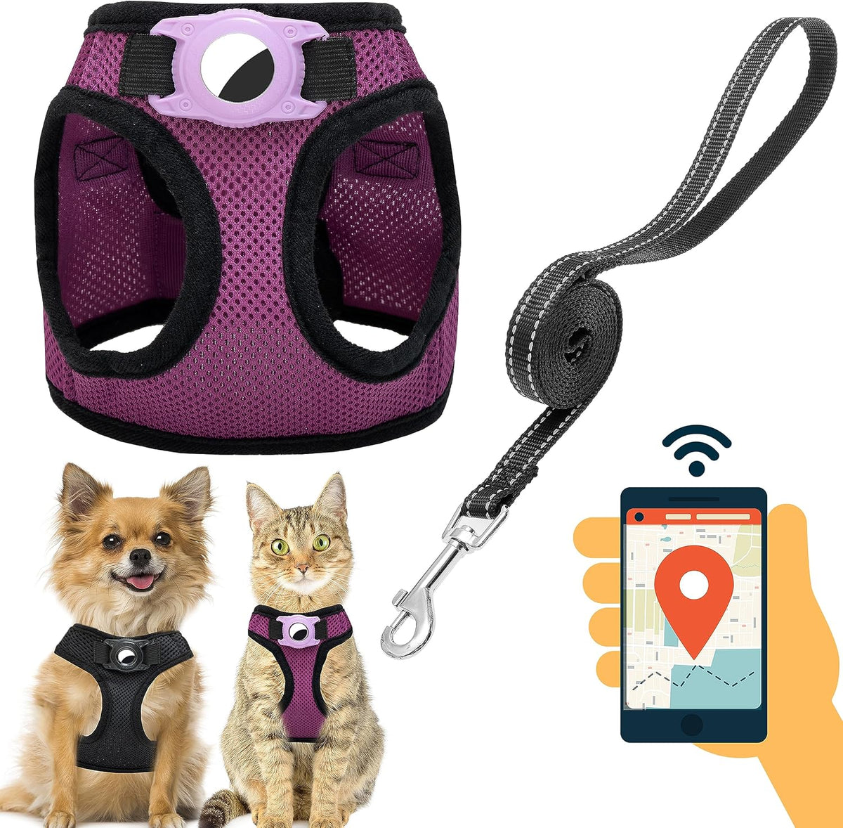 Dog Harness with AirTag Holder & 5 ft Leash Set for Small Dogs