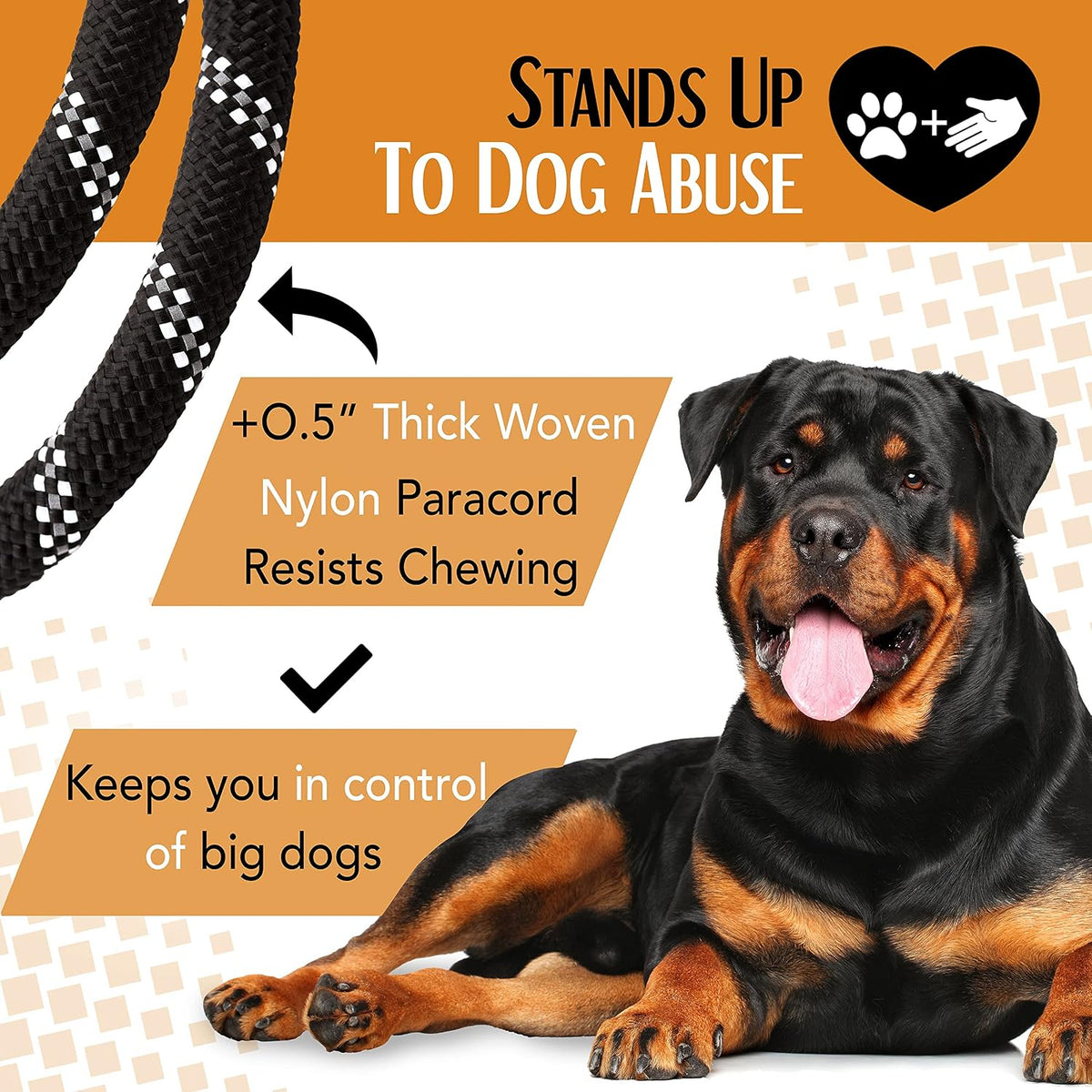 Dog Leash, Reflective Rope, Chew Resistant Paracord for Medium and Large Dogs, Durable Metal Clasp, Attaches to Pet Collar (5 Foot, Black)