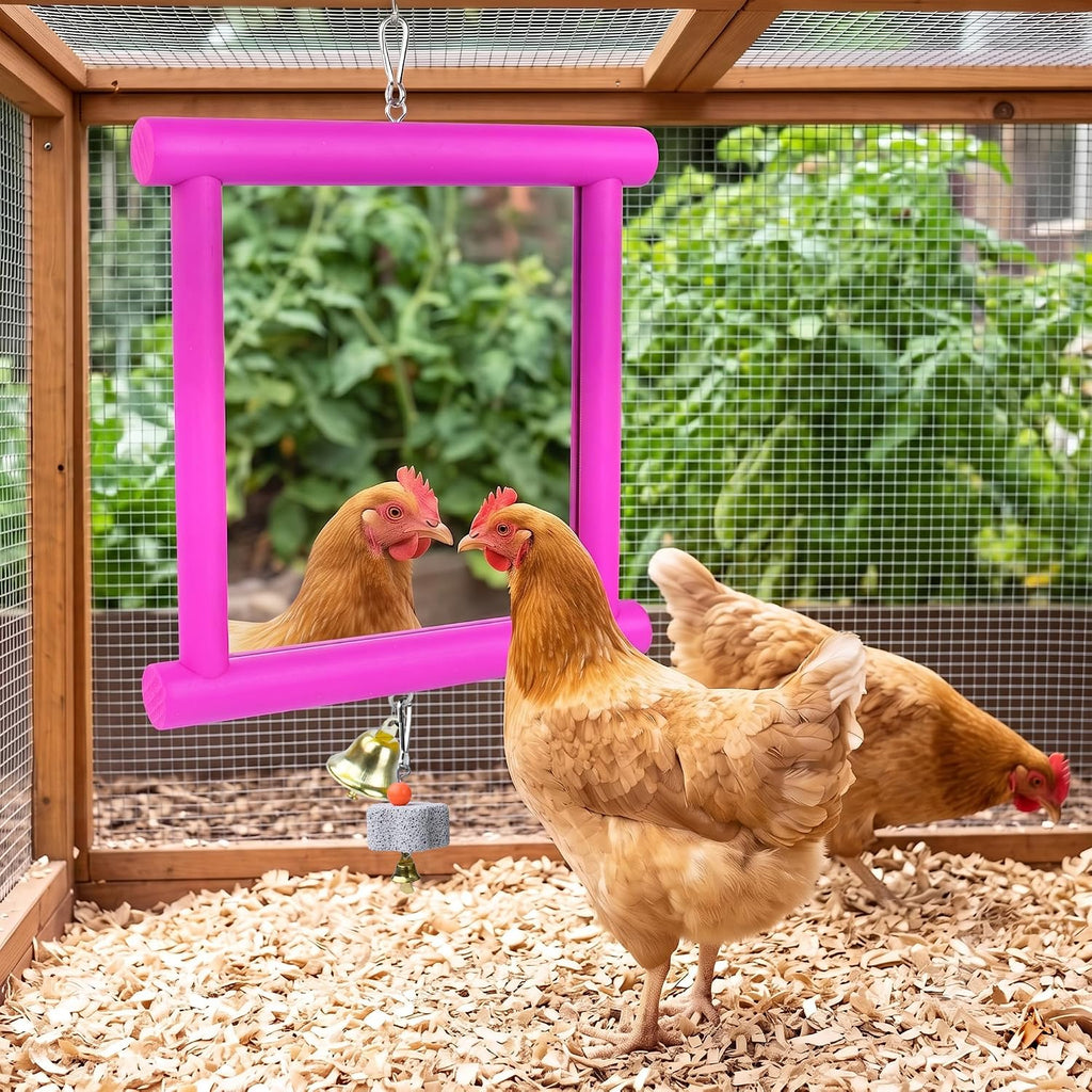 Chicken Toys for Coop Double-Sided Chicken Mirror Toy with Bell & Beak Grinding Stone Large Wooden Pecking Toy for Hens, Ducks, Parrots, Boredom Buster Coop Accessories (Red)