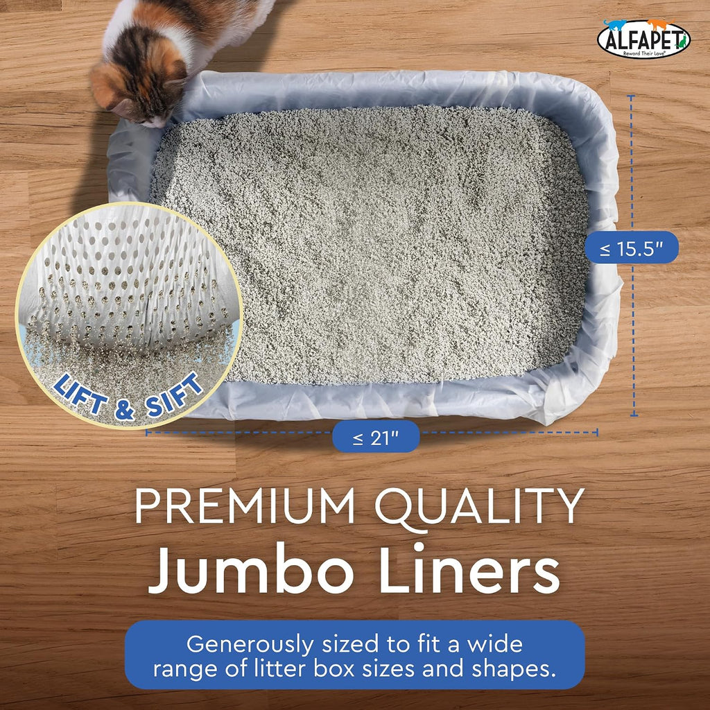 Alfapet Sifting Cat Litter Box Liners - Jumbo 30 Count, Tear-Resistant Cat Litter Bags, Waterproof Kitty Litter Liners, Fits Litterbox Pan Sizes X-Large, X-Giant, 37" x 18" 30 lb Capacity