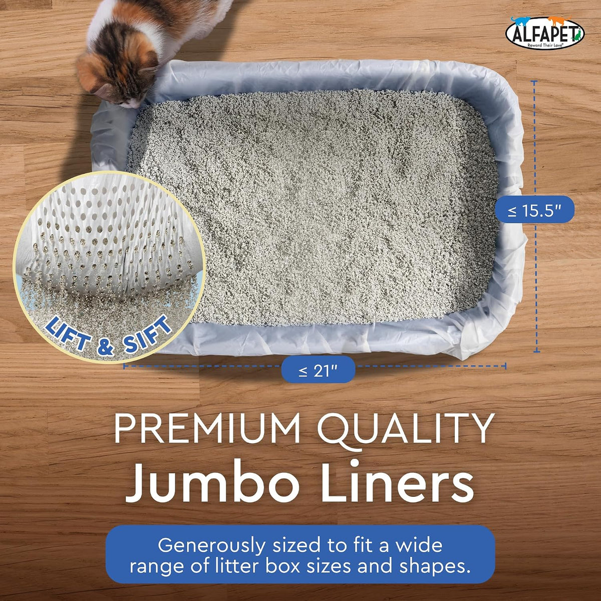 Alfapet Sifting Cat Litter Box Liners - Jumbo 30 Count, Tear-Resistant Cat Litter Bags, Waterproof Kitty Litter Liners, Fits Litterbox Pan Sizes X-Large, X-Giant, 37" x 18" 30 lb Capacity