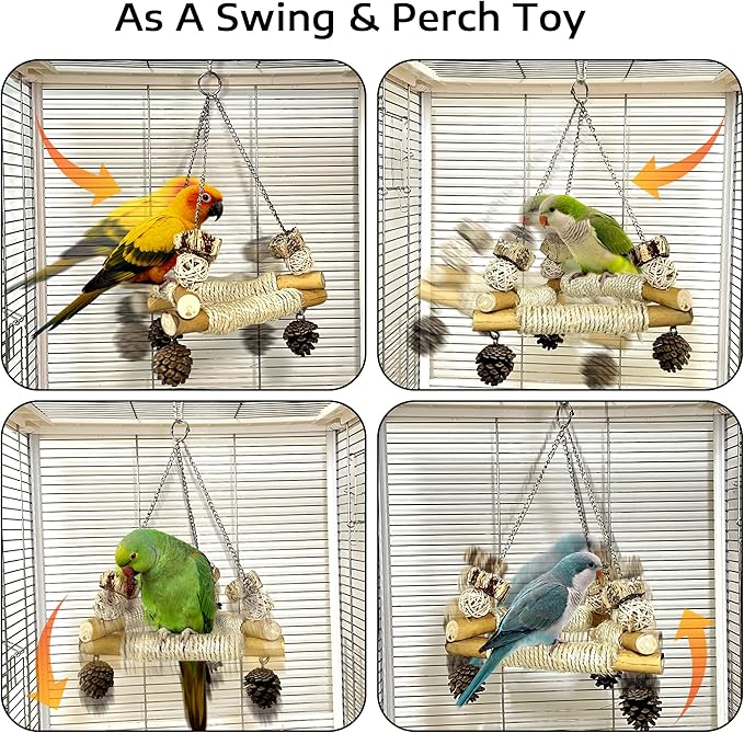 Large Bird Swing for Cage with Chew Toys, 3 Sisal-Wrapped Bird Perches & Stable - Image 2