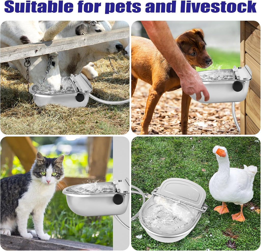 ToLanbbt Automatic Animal Dispenser Horse Water Bowl with Float Valve Stainless Steel Goat Waterer Feeder Outside Water Trough for Livestock Auto Fill Dog Watering Bowl with 1/2" Hose, Drainage Hole