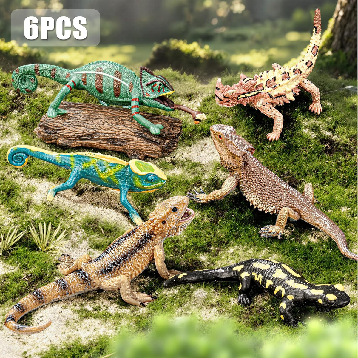 6PCS Large Lizard Figurines Rainforest Animal Toys, Realistic Plastic Reptile Animal Figurines, Includes Bearded Dragon,Fire Salamander,Chameleons,Coast Horned Lizard Toys, STEM Toy for Kids