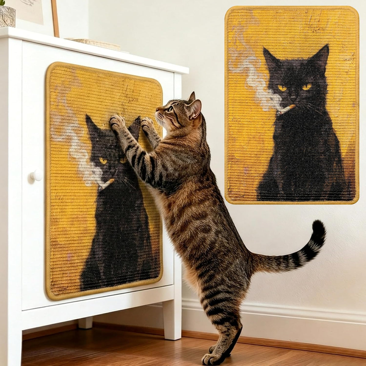 Sisal Cat Scratching Pad - Shedding-Resistant Wall Scratcher Mat for Indoor Cat, Kitten Art Print Sunflower Scratching Mats for Carpet Couch Furniture with Adhesive Hook Loop Tape(24*16in)