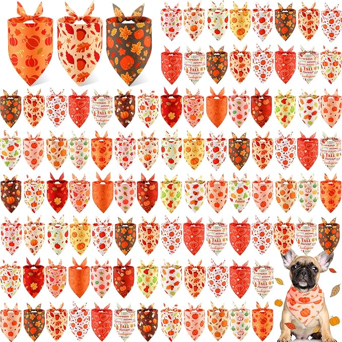 Chunful 100 Pieces Thanksgiving Dog Bandanas Bulk Fall Autumn Pet Bandanas by Chunful