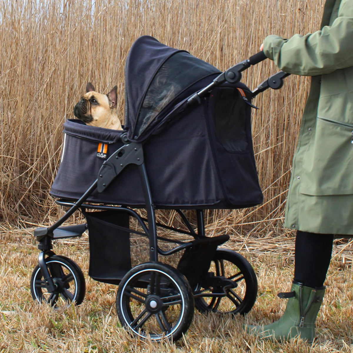 COOPER dog & pet robust buggy, jogger holds up to 32 kg / 70lbs, easy fold, multi-height adjustable soft touch handle, reflective accents, mesh inserts, zippered exits, storage basket below