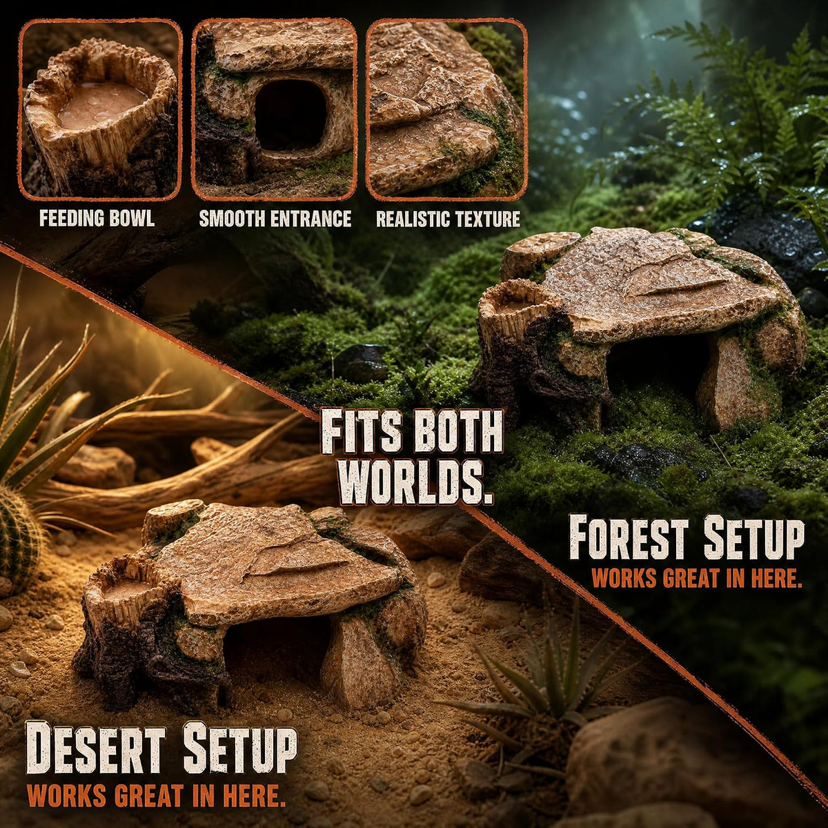 VELTHERM 3-in-1 Reptile Hide - Basking Platform, Feeding Dish, Resin Rock Cave for Bearded Dragon Ball Python Leopard Gecko, Desert/Tropical Decor, Submersible Aquarium & Turtle Tank