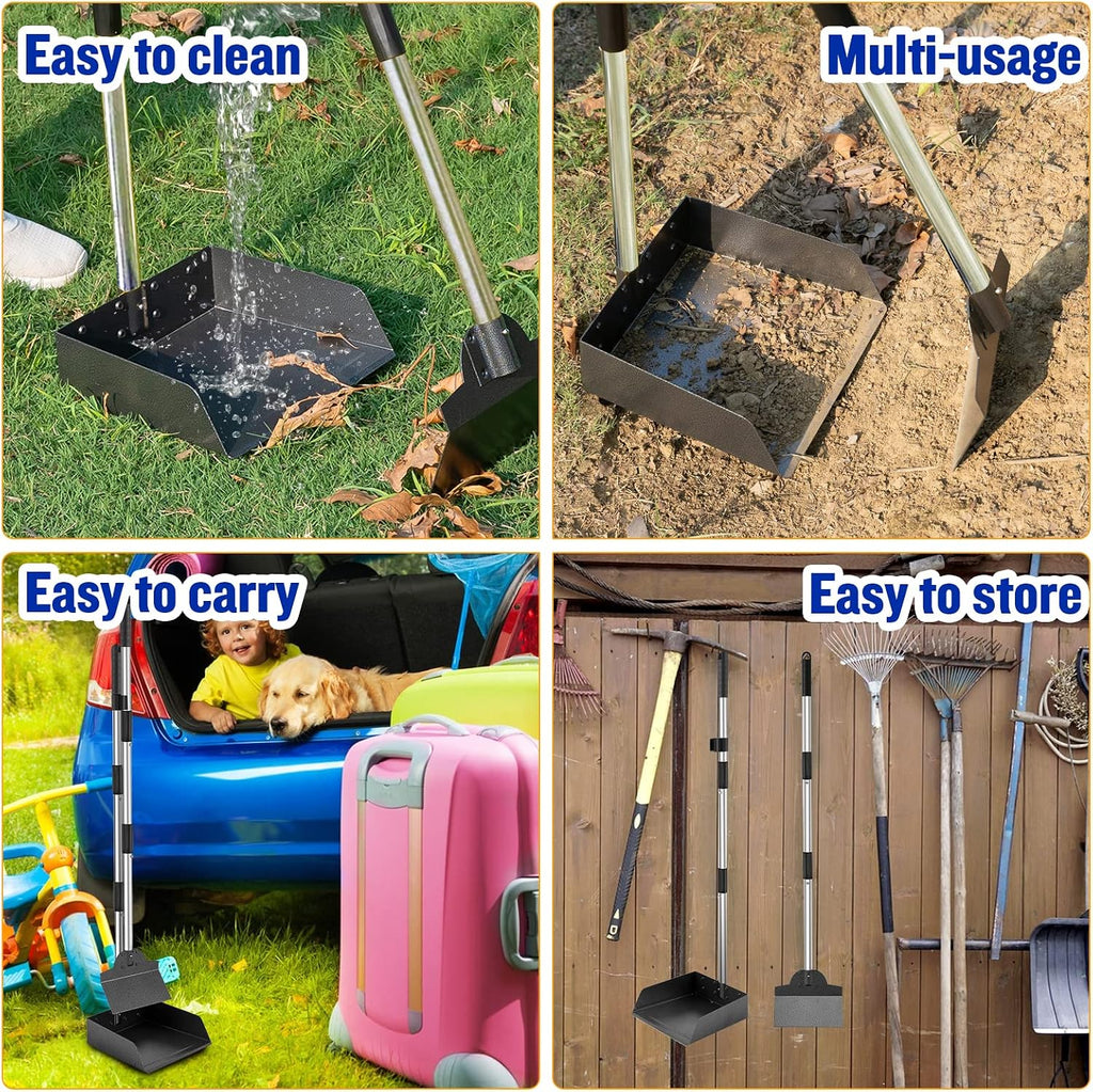 Dog Pooper Scooper, Tray Rake and Spade 3 Pack Poop Scoop Adjustable Long Handle Metal with Bin for Pet Waste Removal, No Bending Clean Up for Large and Small Dogs