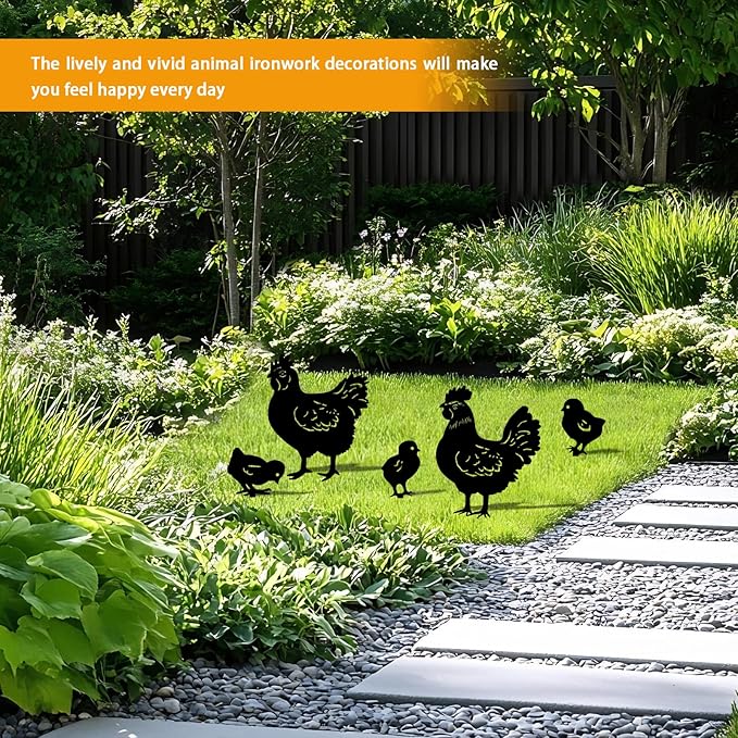 5 Pack Chicken Metal Garden Decorative Stakes, Weather Proof Silhouette Statues - Image 6