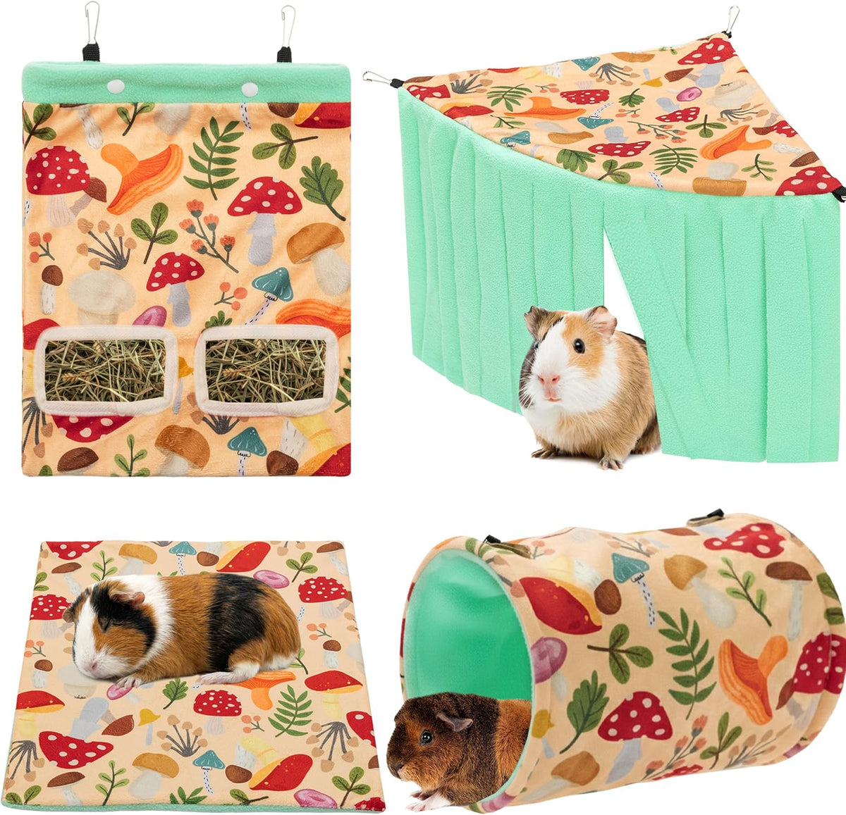 Guinea Pig Hideout Set (4-Pack), Tunnel, Corner Hide, Hay Bag & Mat