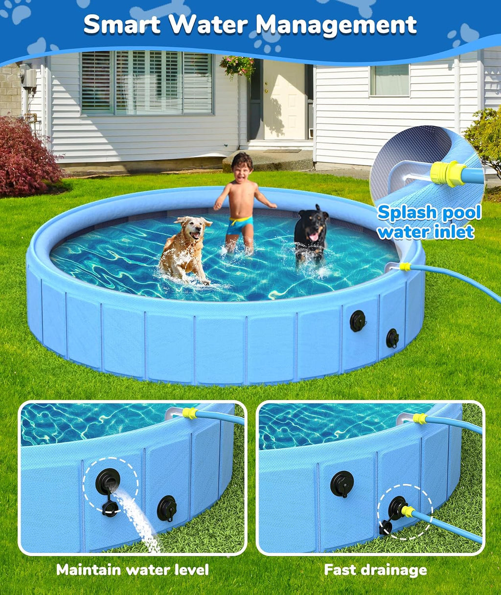EPN Large Foldable Dog Pool – Heavy Duty Portable 2-in-1 Pet Pool Bathtub & Dog Sprinkler Pool, 0.55MM PVC Non-Slip Bottom, Outdoor Summer Water Toy for Dogs, Cats, Kids (106'')