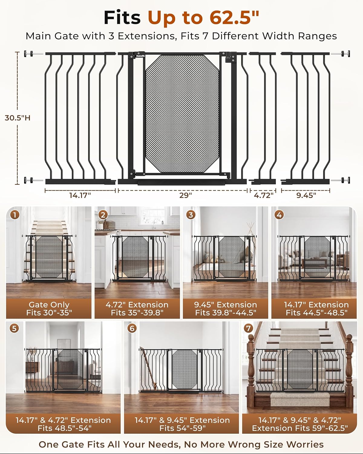 30-62.5" Extra Wide Auto Close Baby Gate for Stairs, Pet Gate Indoor, Black