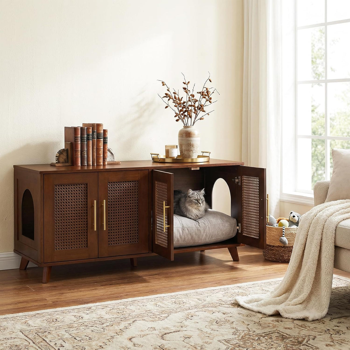Christopher Knight Home Conmeo Cat Litter Box Enclosure with Plush Cushion, Rubber Wood Hidden Litter Box Cabinet with Breathable Rattan Mesh Doors, Indoor Pet House, Functional Sideboard, Walnut
