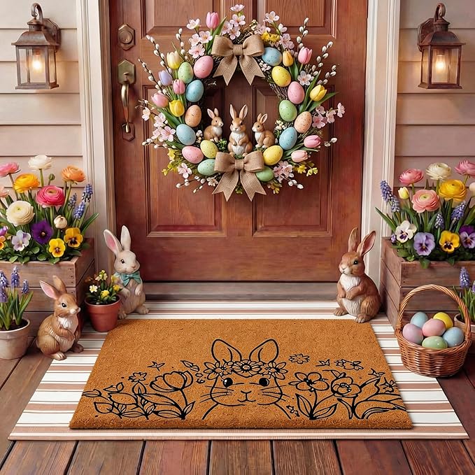 Tinideya 2 Pcs Easter Day Door Mat Welcome Outdoor Non Slip Coir Mats Flower by Tinideya