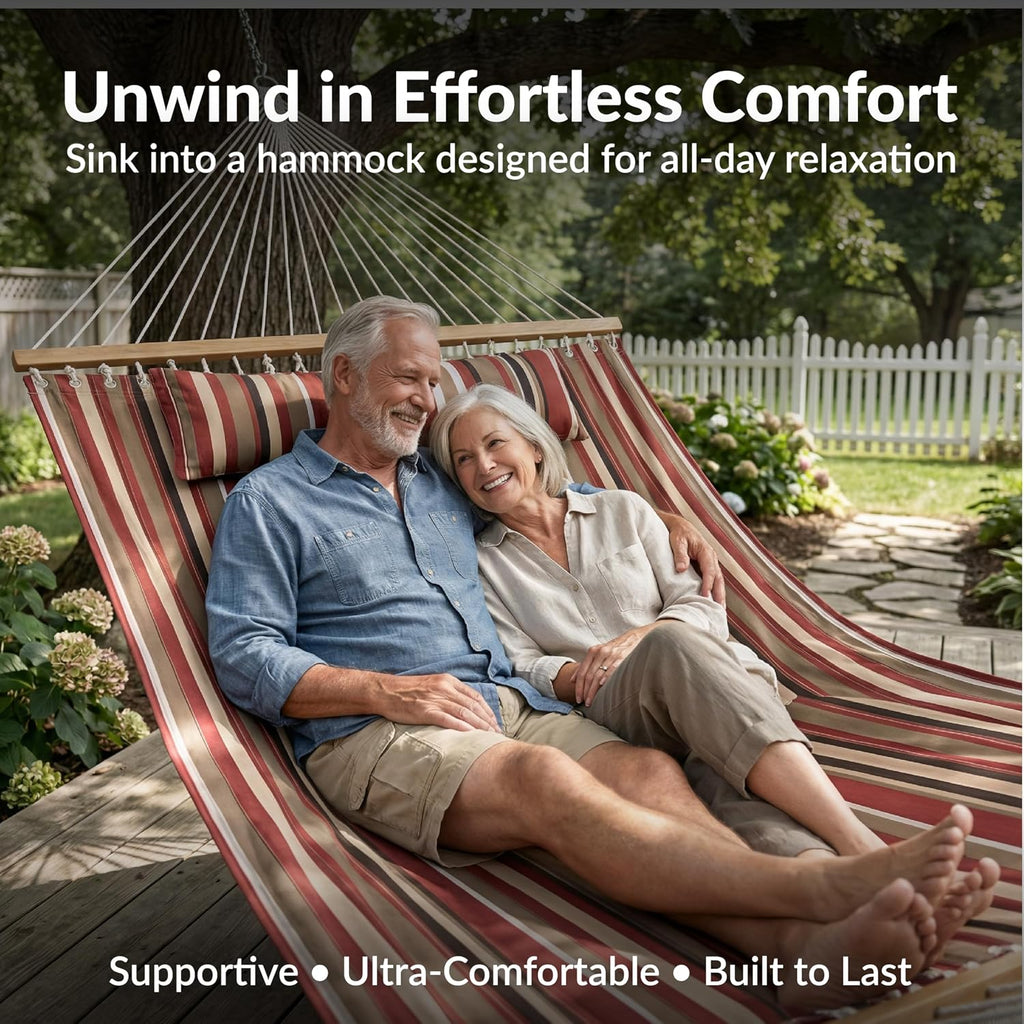 Sunnydaze Quilted Double Hammock for Outside with Pillow, Awning Stripe