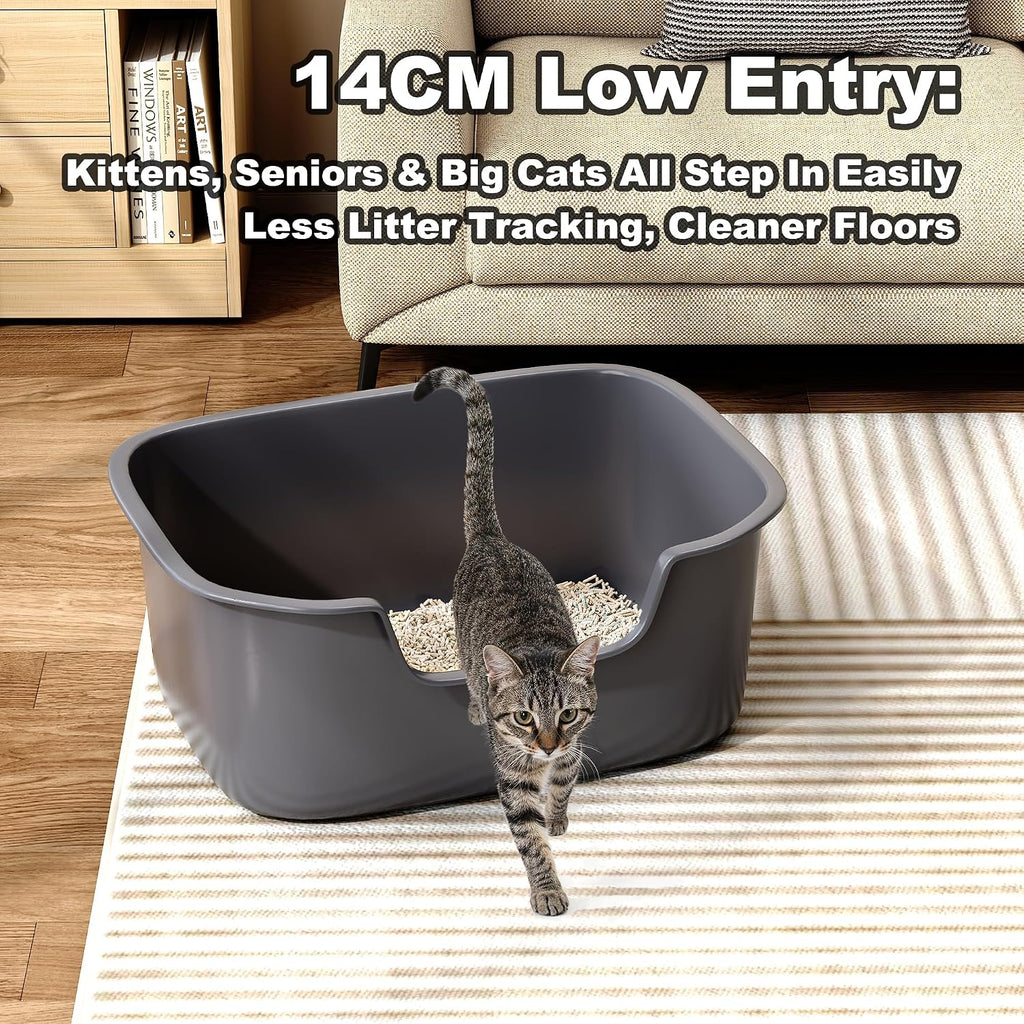 Large Open Cat Litter Box with High Sides, Anti-Splashing for Indoor Cats, Low Entry for Kittens & Elderly Cats, Spacious Litter Pan, Tool-Free Assembly(21.7” * 16.5” * 8.5” Grey)