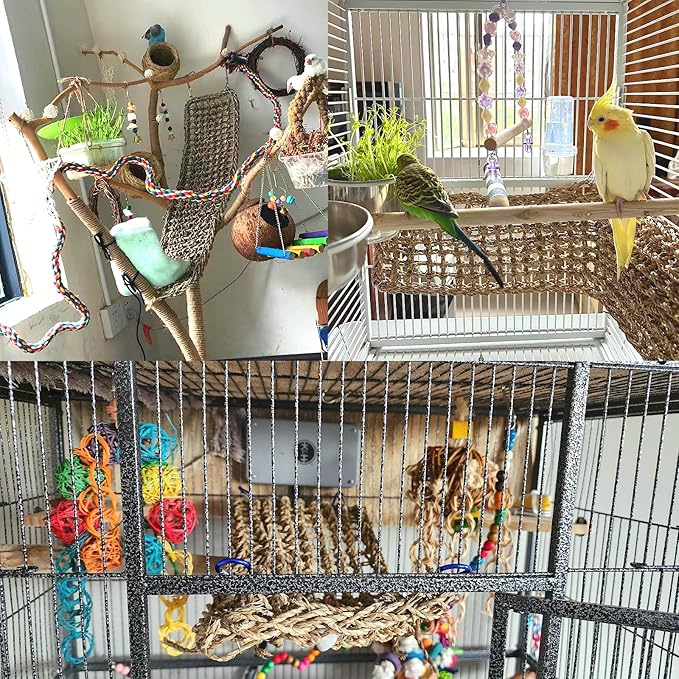 2Pcs Bird Seagrass Mat 20.5×8'' Natural Grass Woven Net Hammock Hanging on Cage - Image 3