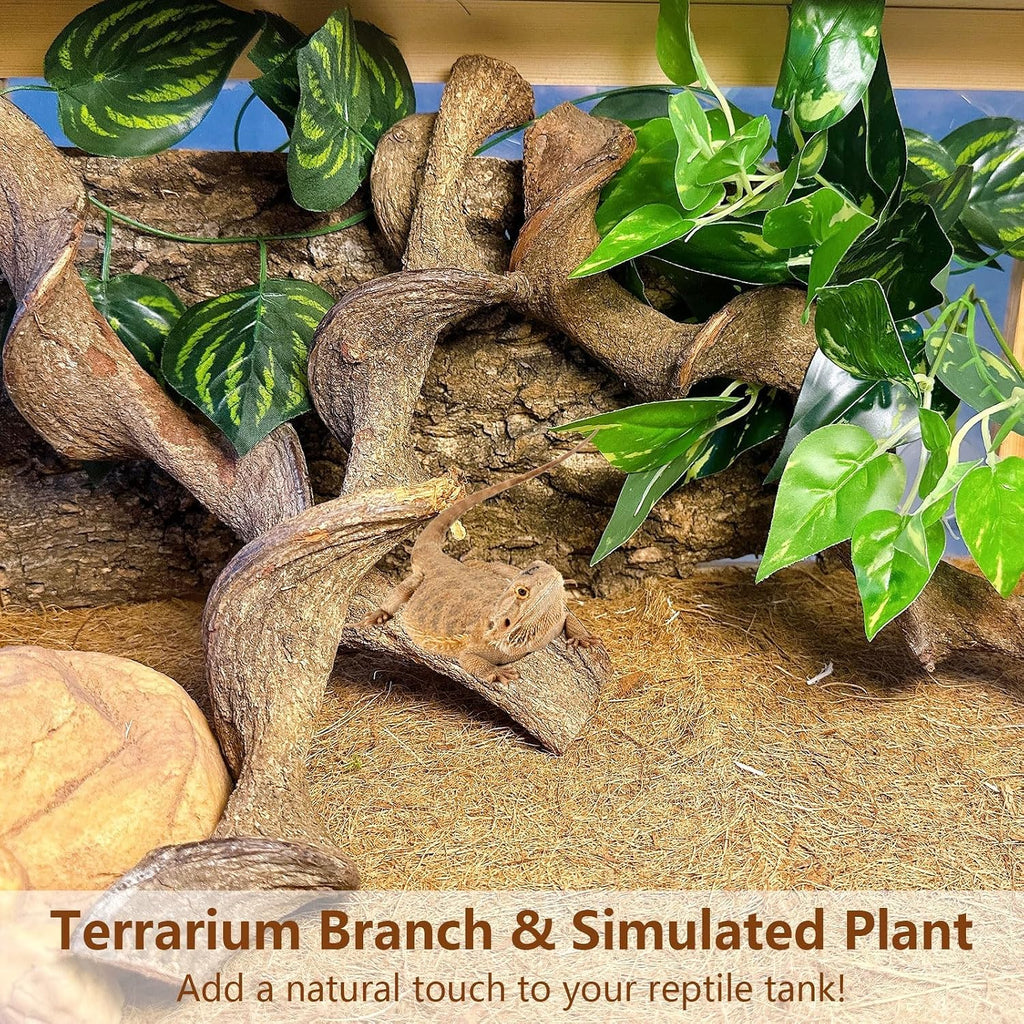 BNOSDM 3PCS Natural Reptile Climbing Branches Decor,1.8-2.2" Thick Natural Snake Climbing Forest Wood with Plant Leaf Decor,Lizard Forest Branch,Geckos Tank Tree Trunk Accessories for Bearded Dragons