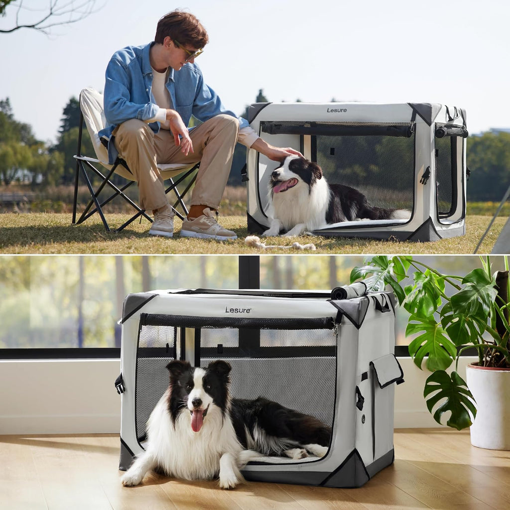 Lesure Portable Soft Collapsible Dog Crate for Large Dogs, 36in Light Grey
