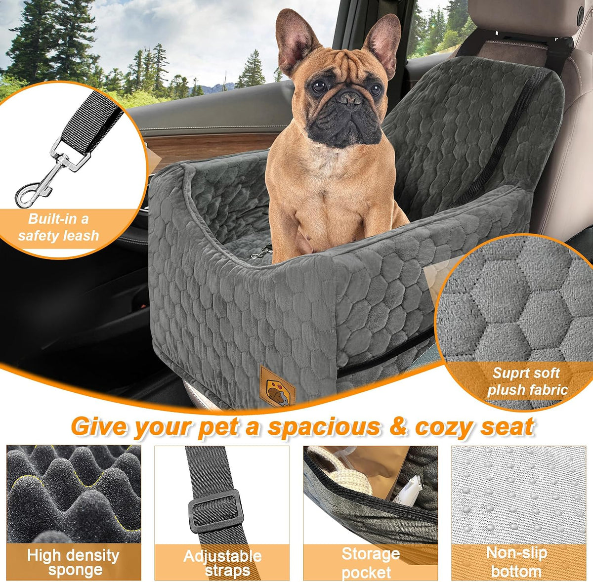 Dog Car Seat for Small/Medium Dogs, Memory Foam Dog Booster Seat, Travel Safety Per Car Seat with Washable Removable Cover, Storage Pockets for Dogs up to 35 lbs
